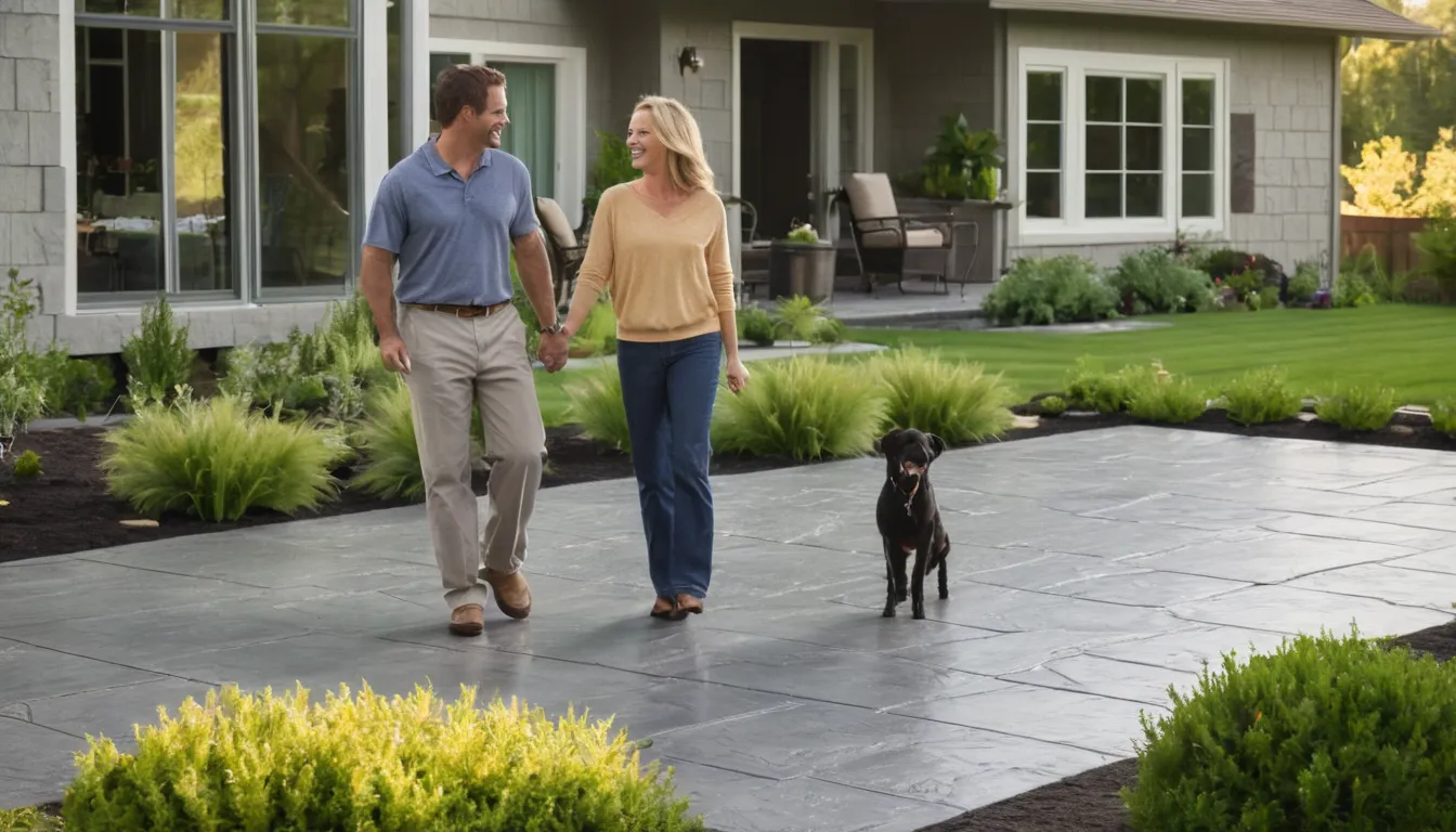 Stamped concrete patio with a slate pattern behind a home in Detroit